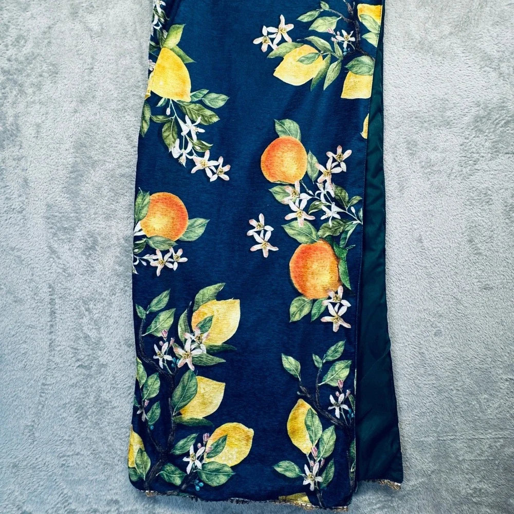 Nicole Miller Home Citrus Fruit‎ Table Runner Lemon Boho Floral Navy Cottagecore